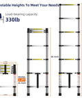 Ultra Lightweight 6.6 ft Aluminum Telescoping Ladder, Collapsible Extension Ladder For Home, height and load illustrations