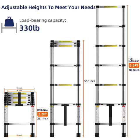 Ultra Lightweight 6.6 ft Aluminum Telescoping Ladder, Collapsible Extension Ladder For Home, height and load illustrations