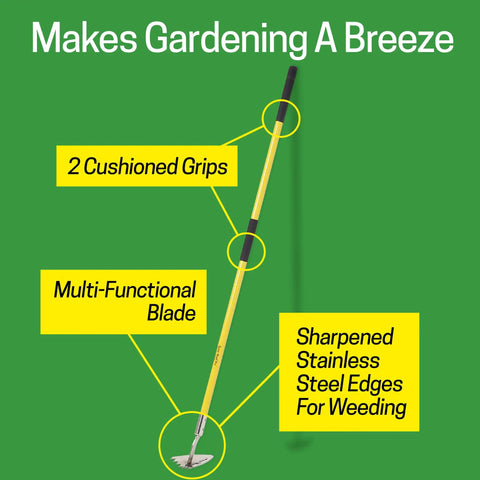 Stand-Up Long-Handle Garden Hoe With 59 Inch Fiberglass Handle Cushioned Grips And Sharp Stainless Steel Blade for Weeding Edging