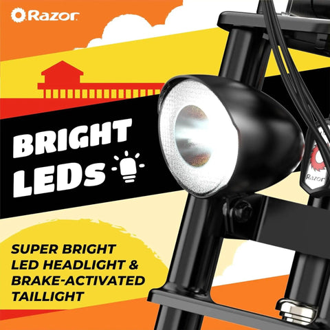 Close-up of bright LED headlight on Dope Electric Minibike For Teens And Adults With 350W Motor 36V Battery 16 Inch Tires.
