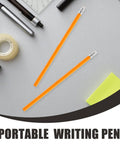 Portable writing pen on a desk with office supplies, two orange pencils with erasers, next to tape, paper, and rulers.