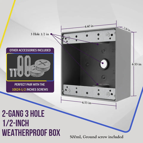 Weatherproof Two Gang Outdoor Electrical Box With Three Half Inch Threaded Outlets Die Cast Metal Enclosure in packaging