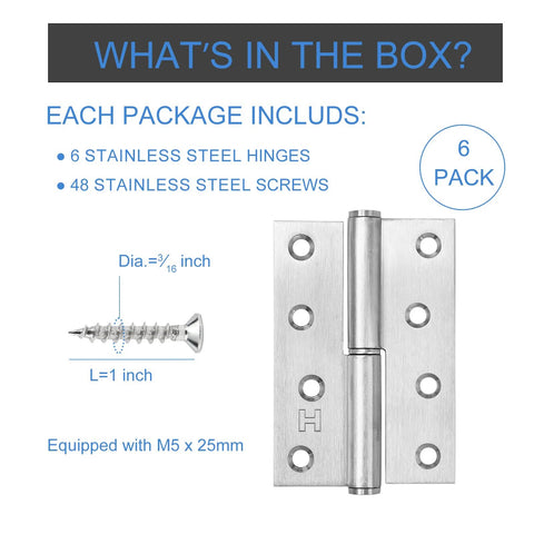 6-pack 4-inch lift-off door hinges, heavy-duty stainless steel, detachable H hinges for indoor or outdoor use