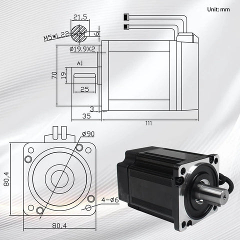 750W 110V Servo Motor Kit With Driver And CNC Controller For CNC Engraving; technical diagram and motor close-up