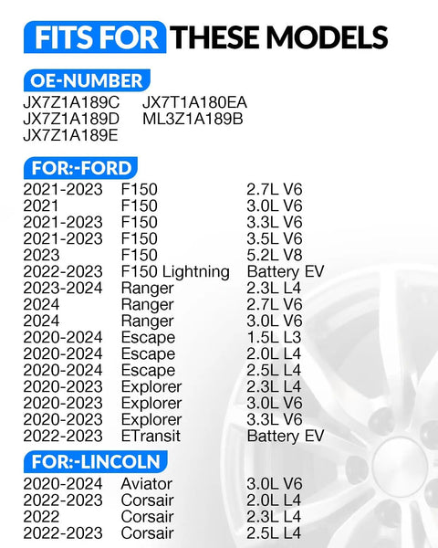 Fits for Ford models 2021-2024 including F150, Ranger, Escape, Explorer, and Lincoln Corsair with OE numbers.