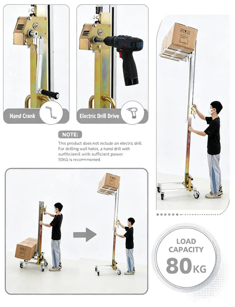 Heavy Duty Portable Cabinet Lift With Manual Winch Trolley For Kitchen Units And Wall Panels showing hand crank and electric drill attachment.