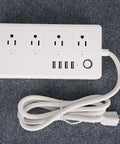 Rock Solid Wifi Smart Power Strip With Four Quick Charge Usb Ports And Voice Control Built Tough For Home And Office Plug And Play Energy Saving Compact Surge Protector on gray fabric background.