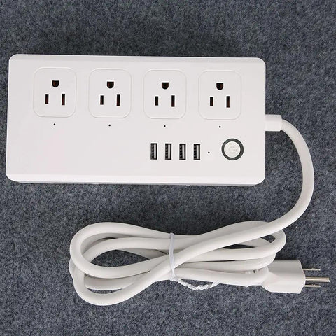 Rock Solid Wifi Smart Power Strip With Four Quick Charge Usb Ports And Voice Control Built Tough For Home And Office Plug And Play Energy Saving Compact Surge Protector on gray fabric background.