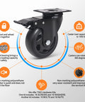 Heavy duty swivel caster wheels with dual locking brakes and 360-degree rotation, non-marking polyurethane for carts and furniture.