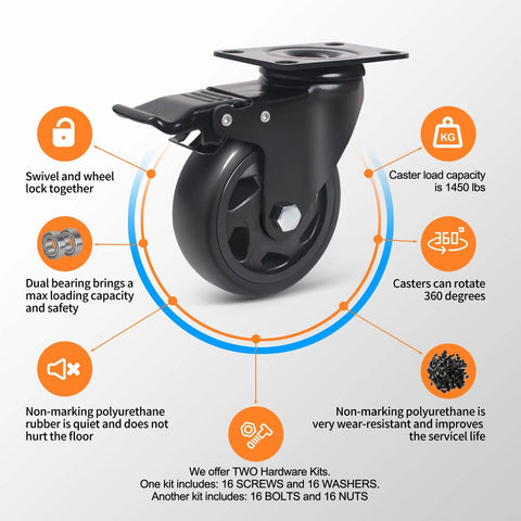 Heavy duty swivel caster wheels with dual locking brakes and 360-degree rotation, non-marking polyurethane for carts and furniture.