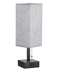 Gray Bedside Lamp With Dual USB Ports USB C And USB A For Nightstand Or Small Desk, rectangular fabric shade, pull chain