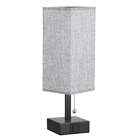 Gray Bedside Lamp With Dual USB Ports USB C And USB A For Nightstand Or Small Desk, rectangular fabric shade, pull chain