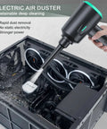 Electric Air Duster Blower With Two Speed Settings And Four Brush Attachments For Electronics Cleaning shown cleaning a computer.