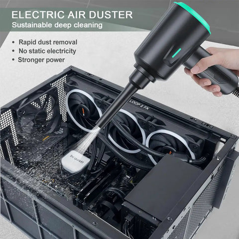 Electric Air Duster Blower With Two Speed Settings And Four Brush Attachments For Electronics Cleaning shown cleaning a computer.