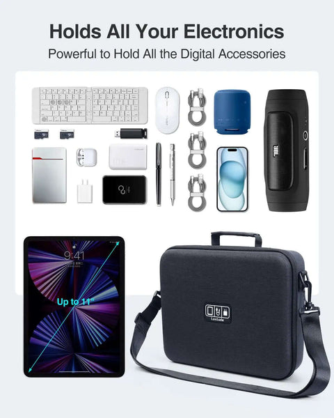 Large Electronic Organizer Travel Case With Hella Roomy Interior Rock Hard Shell Eva Protection For Chargers Cables And Tablets Up To 11 Inches with tablet and accessories.