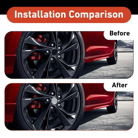 Installation comparison of Premium Silver 4 Pcs Wheel Center Caps Universal Fit For Trucks And Suvs, showing before and after look.