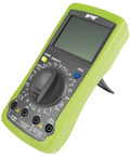Automotive Digital Multimeter With Extra Large LCD Display And UL Listed Probes on stand, green housing, front view