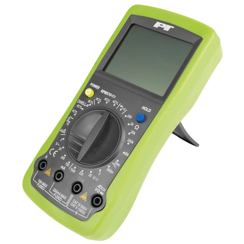 Automotive Digital Multimeter With Extra Large LCD Display And UL Listed Probes on stand, green housing, front view