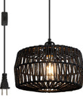Black Woven Plug In Pendant Light With On Off Switch Rustic Round Ceiling Fixture Made From Natural Fibers Cozy Glow For Entryway Bedroom Kitchen Island Living Room Or Dining Area Dope Vibe