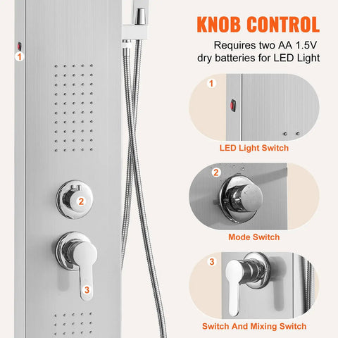 Slick Stainless Steel Shower Panel Tower Featuring Five Kickass Spray Modes, Smooth Knob Control, Rainfall Showerhead, Waterfall Stream, Dual Body Massage Jets, Bathtub Spout, And Handheld Sprayer Kit