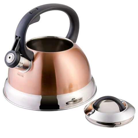 Flintshire 1.75 Quart Stainless Steel Whistling Tea Kettle With Copper Finish Flip Up Spout Cover Stay Cool Nylon Handle For Fast Easy Pour On The Stove, side view