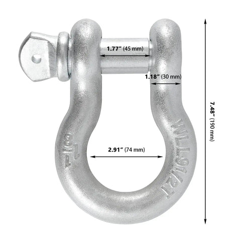 1 1/8 Inch D Ring Shackle 9 Point 5 Ton Rated Heavy Duty Screw Pin Anchor Rigging Hardware Built Like A Tank With Badass Industrial Grade Alloy Steel And No B S Toughness, silver metal finish, dimensions showing sizes.