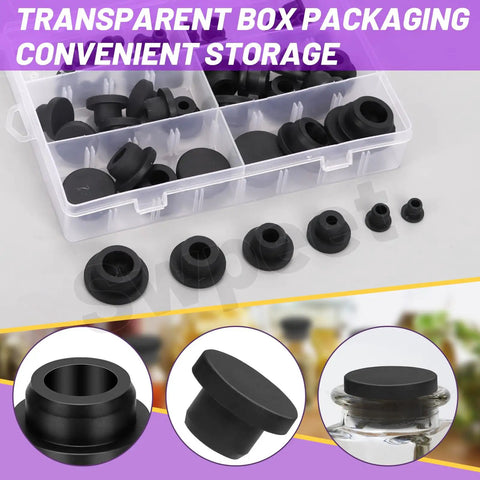 Must-Have Silicone Hole Plug Set With Fifty One Pieces In Six Sizes featuring black T-shaped rubber stoppers in transparent box