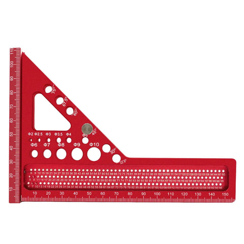 3D Multi Angle Aluminum Carpenter Ruler Protractor For Woodworking Scribing And Layout, red, angles labeled 22.5 to 75 degrees