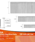 Diagram of 18 Gauge Stainless Steel Brad Nails, 1200-Count, Assorted 2 Inch, 1-1/4 Inch, 3/4 Inch Sizes with specifications