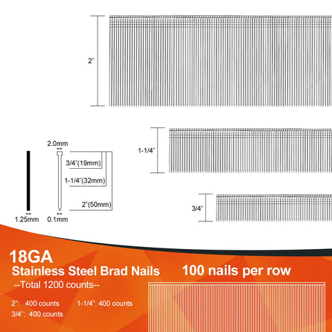 Diagram of 18 Gauge Stainless Steel Brad Nails, 1200-Count, Assorted 2 Inch, 1-1/4 Inch, 3/4 Inch Sizes with specifications