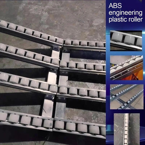 Lightweight 12 Inch By 79 Inch Steel Conveyor Roller With Unloading Pulley Silver Finish Ideal For Water Carton Handling shown with ABS rollers