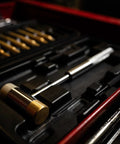 Top Shelf Hammer And Punch Set With Durable Brass Strikers, Polished Steel Heads For Zero Fuss Gunsmithing And Firearm Maintenance, Includes Heavy Duty Storage Box For Your Home Shop Setup, showing hammer and punches in kit.