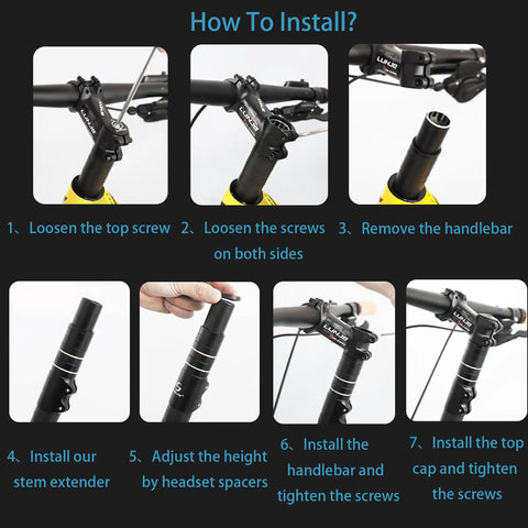 Installation guide for Bike Stem Extender Adjustable Handlebar Riser for 1 1/8 Inch Forks 28.6mm; instructions in steps.