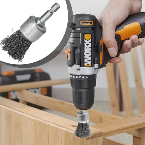 Using 9 Piece Drill Wire Brush Set with crimped end knotted brushes in 0.8, 1, and 1.2 inch sizes for cleaning wood