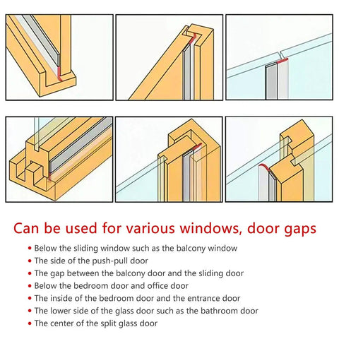Illustrations of silicone weather stripping on various door gaps for sealing and energy efficiency.