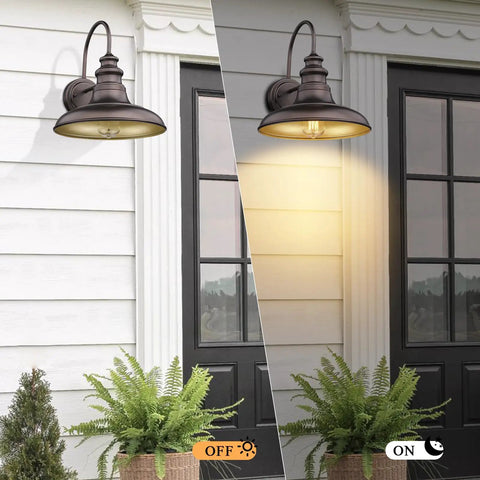 Farmhouse Outdoor Barn Light Fixture 2 Pack Wall Mount Lantern Sconce For Exterior Porch, Industrial Bronze Finish on-off view