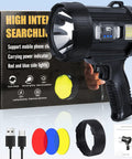 Rechargeable Spotlight 2 Million Lumens Handheld Searchlight with Solar Panels for boating and camping displayed with accessories