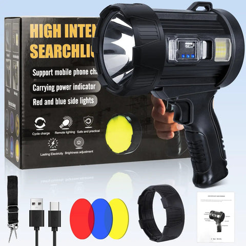 Rechargeable Spotlight 2 Million Lumens Handheld Searchlight with Solar Panels for boating and camping displayed with accessories