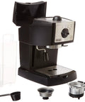 15 Bar Espresso And Cappuccino Machine With Manual Frother Wand And Compact Black Housing on a kitchen counter with accessories.