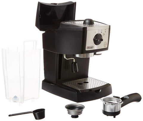 15 Bar Espresso And Cappuccino Machine With Manual Frother Wand And Compact Black Housing on a kitchen counter with accessories.