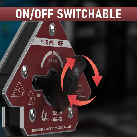 Switchable Welding Magnet With 92 Lb Holding Power, Arrow Shaped Magnetic Holder For Multi Angle Positioning, On Off Switch visible