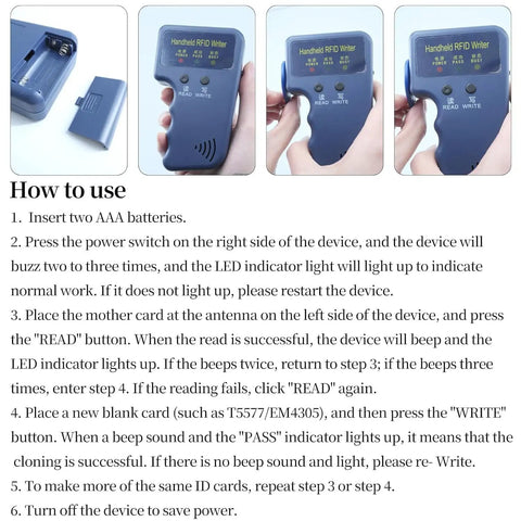 Handheld 125kHz RFID Reader And Writer On The Go ID Card Copier with instructions and images showing device and battery slot.