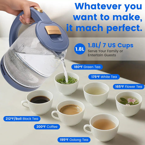 Glass Electric Kettle With No Plastic Contact With Water 1.8L Borosilicate Glass Teapot with boiling water and tea cups