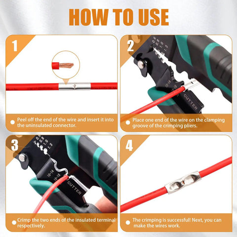 Step-by-step guide using 284 Piece Non Insulated Butt Connectors Kit Pro Grade 26 6 Gauge with crimping tool on red wire