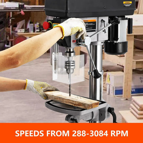 Beefy 13 Inch Floor Drill Press with 7.5 Amp 120V Pure Copper Motor, Speed 288 to 3084 RPM in use on wood project.