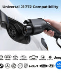 Portable J1772 EV Charger For All J1772 EVs And PHEVs Level 1 And 2 with 8-16A adjustable current being plugged into EV