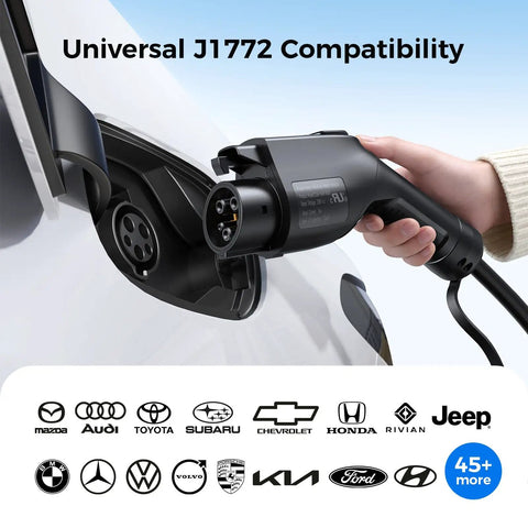 Hand holding Carbon Fiber Level 2 EV Charger with 24A Adjustable Current, J1772 connector for compatible EVs, universal logos