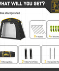 Travel Bike Storage Shed Tent With 40 Percent More Top Space Waterproof Portable Bike Shelter shown with stakes, ropes, and storage bag.