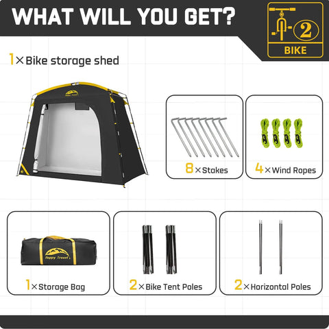 Travel Bike Storage Shed Tent With 40 Percent More Top Space Waterproof Portable Bike Shelter shown with stakes, ropes, and storage bag.