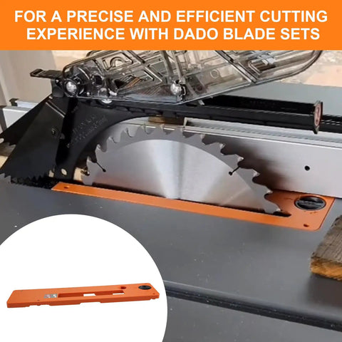 Dado Throat Plate Compatible With Ridgid Table Saw R4514 R4518 metal insert installed in table saw for precision cutting.